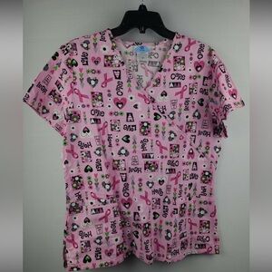 SB SCRUBS Women's Breast Cancer Pink Ribbon Medical Scrub Top M HEAL CARE HOPE